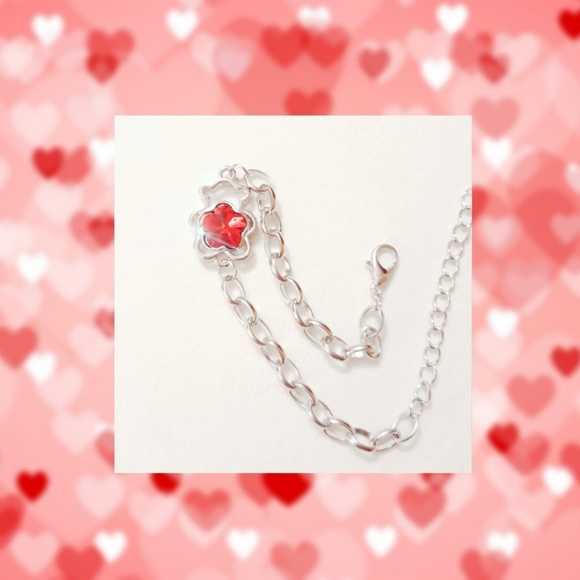 Red Gemstone Flower Teddy Bear Silver Bracelet - Picture 1 of 4